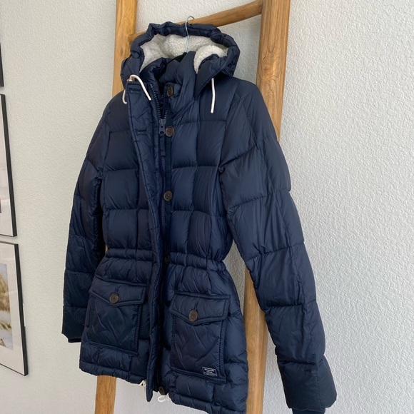 Abercrombie & Fitch Women’s Navy Blue Down Puffer Jacket Size Small Fall - Picture 3 of 11